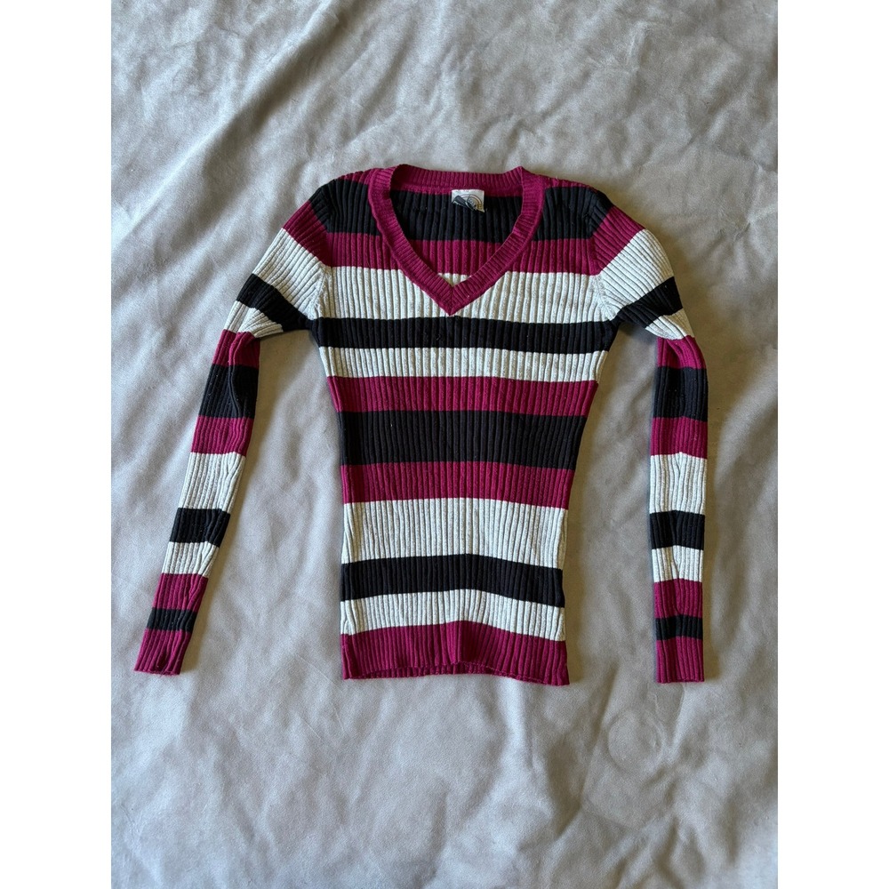 The Slope Brooklyn NY Striped Ribbed V-Neck Sweater Magenta Black White Small